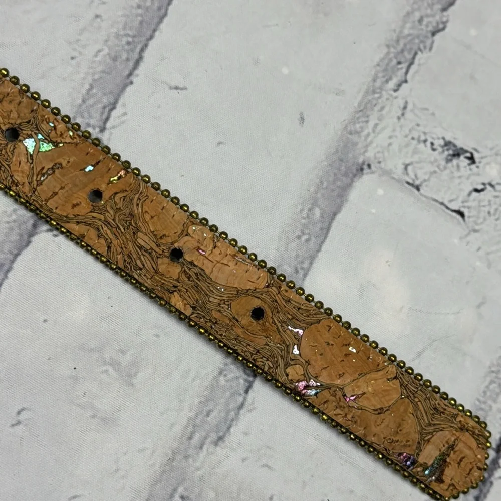 Absolutely Fresh Vintage Bonded Leather Belt Cork Print Metallic Flecks Beaded